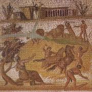 unknow artist Mosaic from the Roman villa at Zliten in Tripolitania showing horses and cattle threshing corn painting